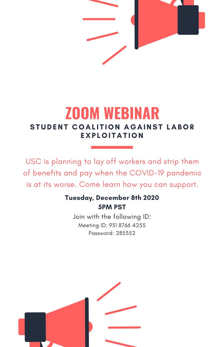 AffordableSC's tweet photo. Repost from @SCALEUSC 

SIGN THE PETITION TO STOP USC FROM LAYING OFF WORKERS DURING THIS PANDEMIC

Join SCALES’s webinar on Tuesday, Dec. 8th, at 5:00 PM PST to learn more about how you can help support workers!

Petition and Zoom Webinar are linked in our carrd in our bio https://t.co/5zk6ayQhhw