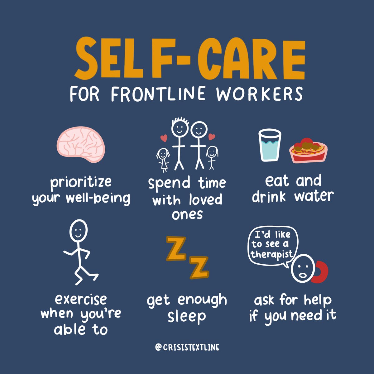 “Self-care for frontline workers” is in yellow and white handwritten type. Beneath it are self-care activities with illustrations.
- Prioritize your well-being (with an illustration of a brain)
- Spend time with loved ones (with an illustration of two parents and their children)
- Eat and drink water (with an illustration of a glass of water and spaghetti and meatballs)
- Exercise when you’re able to (with an illustration of a person running)
- Get enough sleep (with an illustration of yellow Z’s)
- Ask for help if you need it (with an illustration of a person on the phone saying “I’d like to see a therapist”)
The background is navy blue.