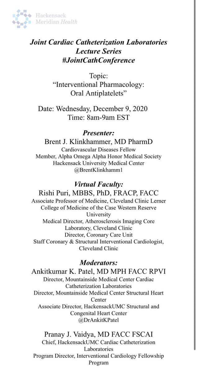 DrAnkitKPatel's tweet photo. Big announcement for the #JointCathConference! Many have asked to be able to attend the series - starting this week - send me a DM and I’ll have you added onto the listserve. Grateful to have @BrentKlinkhamm1 presenting on #OralAntiplatelets with Dr. Rishi Puri as #VirtualFaculty https://t.co/UNDaACVMY1