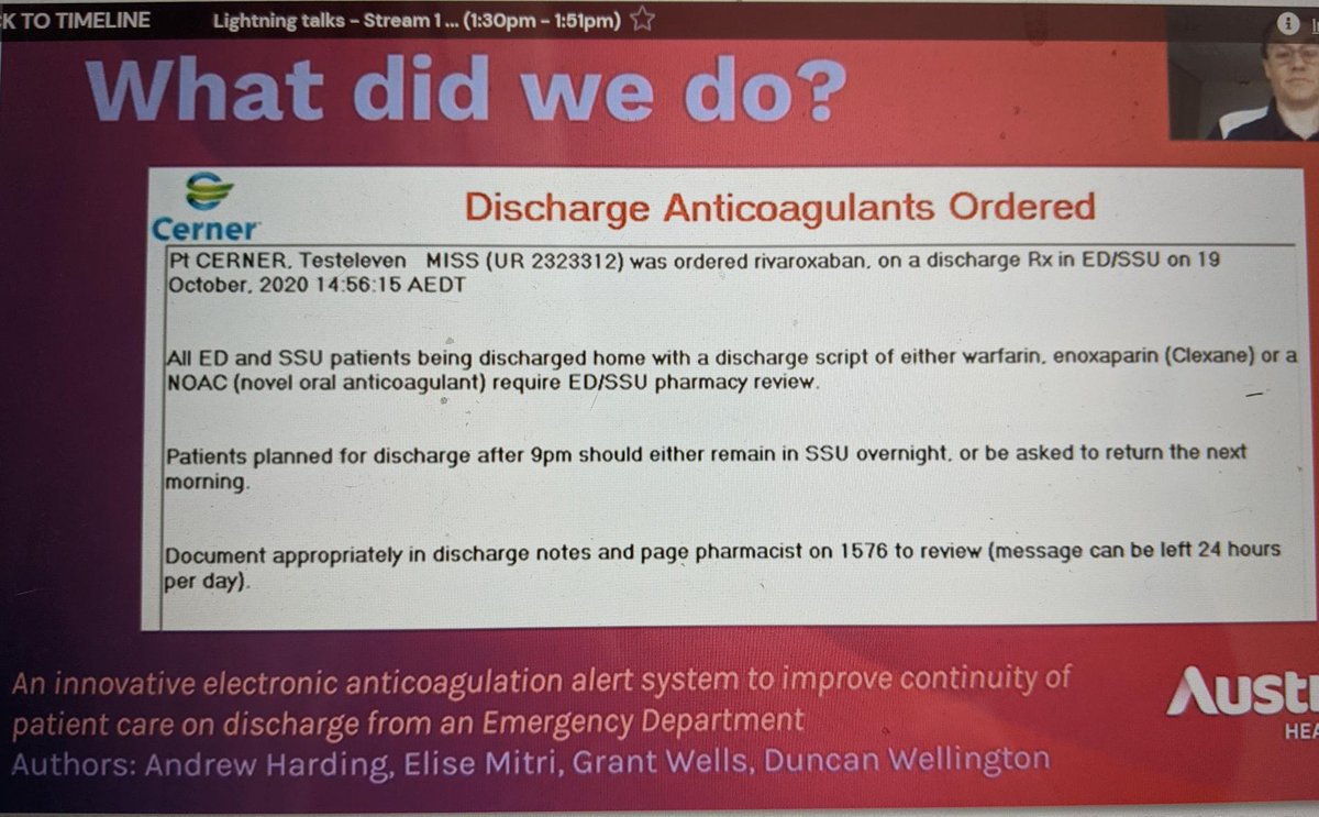 @Austin_HealthRx
 project around electronic alerts for discharge anticoagulant prescribing within ED setting. Improves continuity of care and pharmacist counselling. By 
@AndrewPharm
 and Elise Mitri and colleagues