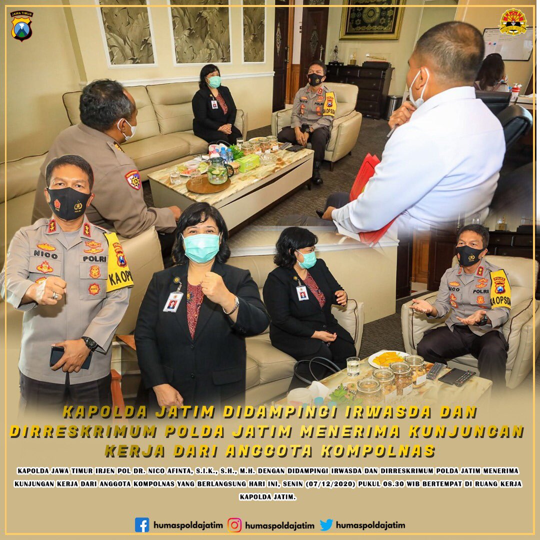 KenditPolsek's tweet photo. Kapolda Jatim Irjen Pol Dr. Nico Afinta, S.I.K., SH., M.H., didampingi Irwasda Polda Jatim &amp; Dirreskrimum Polda Jatim menerima Kunjungan Kerja Anggota KOMPOLNAS yg berlangsung hari ini, Senin (07/12/2020) di Ruang Kerja Kapolda Jatim 

#ayojogojawatimur https://t.co/Aq99kGNcXk