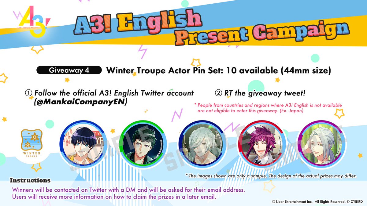 MankaiCompanyEN's tweet photo. The 4th RT Present Campaign Giveaway is here! Follow us on Twitter and give this tweet an RT by 12/9 7:00 PM Pacific Time to be entered into a contest for some Winter Troupe Actor pins! 
DL: https://t.co/wvTm8kC08Q
#a3game https://t.co/DjqzVizfr9