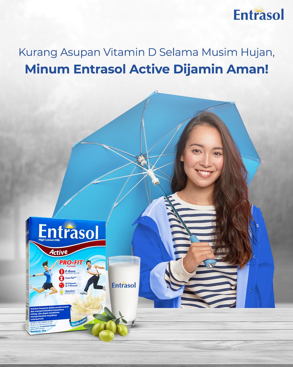Ketika musim hujan seperti ini, kamu tetap bisa kok dapetin asupan vitamin D yang cukup, Active People. Konsumsi susu Entrasol Active 2x sehari yang diperkaya vitamin D dan kalsium tinggi  untuk bantu penuhi kebutuhan nutrisi harianmu.

Jangan lupa minum hari ini, ya!