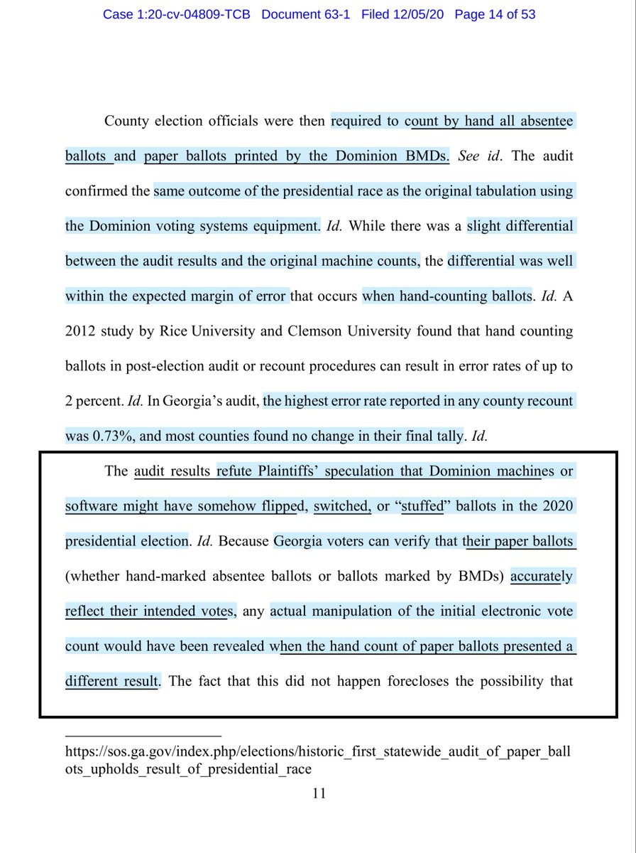 If you had read the Georgia Defendant’s Motion to Dismiss - you’ll note —> Kraken-Wood’s lawsuit is beyond frivolous -it is one of the most nonsensical filings I’ve readWhereas Georgia Election Official‘s explain in particularity https://twitter.com/File411/status/1335726843039797249?s=20 https://drive.google.com/file/d/1HQAcdRVHHKGsEbsMNAiWyV7ruImNpFu6/view?usp=drivesdk…