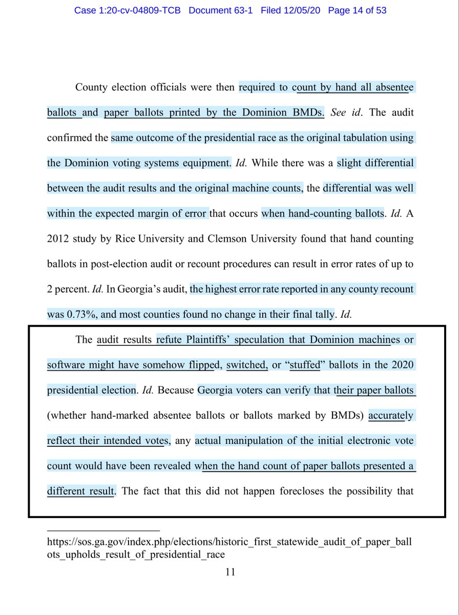 If you had read the Georgia Defendant’s Motion to Dismiss - you’ll note —> Kraken-Wood’s lawsuit is beyond frivolous -it is one of the most nonsensical filings I’ve readWhereas Georgia Election Official‘s explain in particularity https://twitter.com/File411/status/1335726843039797249?s=20 https://drive.google.com/file/d/1HQAcdRVHHKGsEbsMNAiWyV7ruImNpFu6/view?usp=drivesdk…