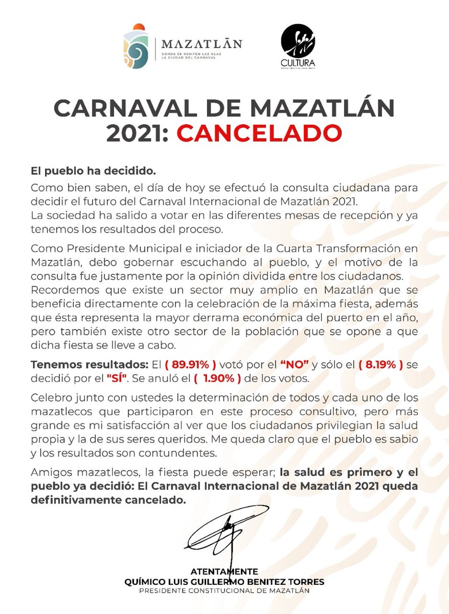 Visita Mazatlán (@visitamazatlan) on Twitter photo ⚠ El Carnaval #Mazatlan 2021 ha sido cancelado ⚠ ⚠ El Carnaval #Mazatlan 2021 ha sido cancelado ⚠
