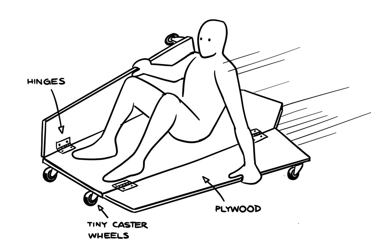 My absolute favourite design this guy came up with was for a furniture class where we were given a limited amount of plywood, hinges, and caster wheels and he came up with the world's deadliest mode of transportation.