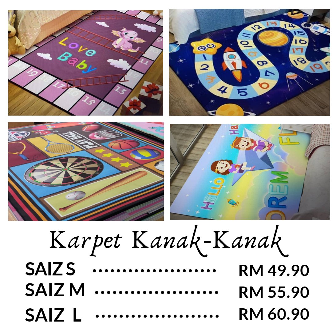 nurxtiqxhshah's tweet photo. Assalamualaikum  
Hi, saya ada jual karpet utk kanak-kanak. 
Material jenis velvet.. selamat utk budak2.. tahan lasak dan tak berhabuk. Tak nak beli takpe tapi nak minta rt rezeki saya.
Semoga Allah luaskan rezeki org yang rt tweet ni 😊 https://t.co/x5X4EVwkEm