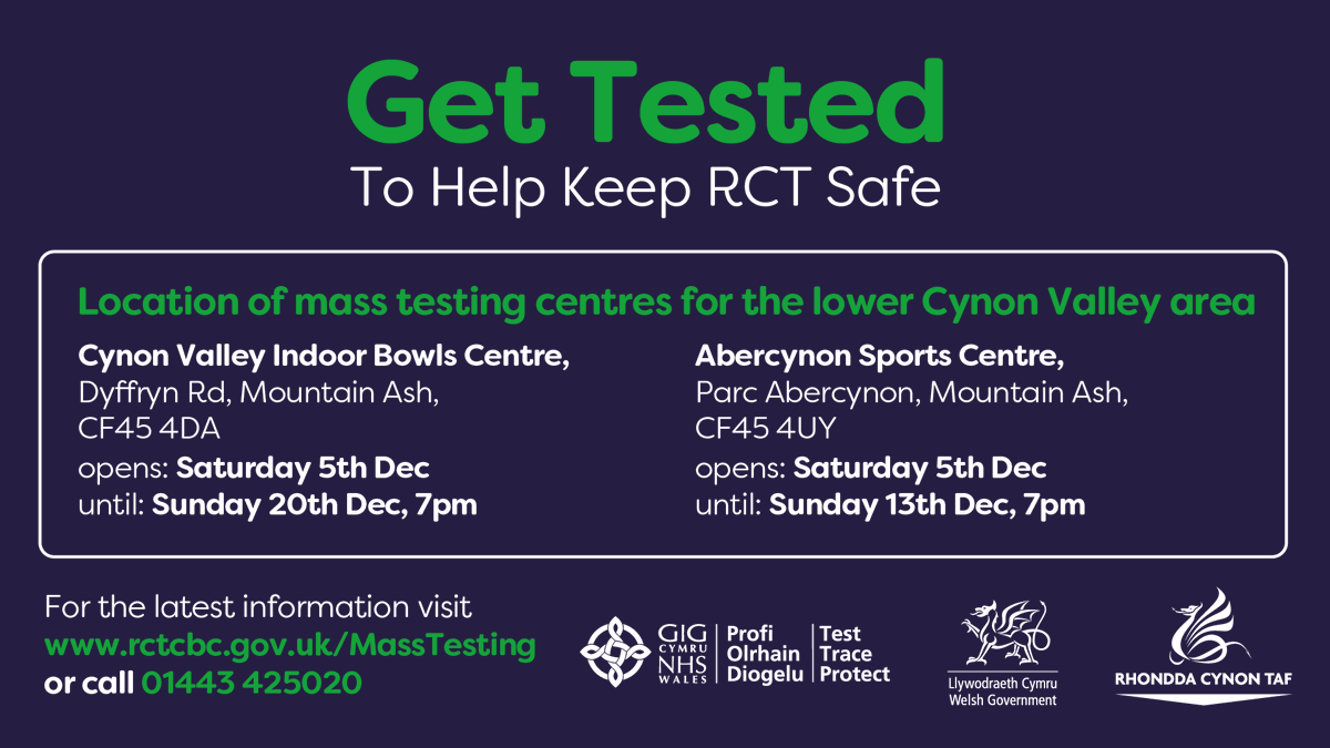 RCTCouncil's tweet photo. Mass testing centres for people with NO Covid symptoms is available 9am-7pm daily for people who live/work/study in electoral wards of Abercynon, Penrhiwceiber, Mountain Ash East/West and Aberaman South. Get tested to help #keepRCTsafe. More info: https://t.co/MRfbI5XiiV https://t.co/pMdiqDuWce