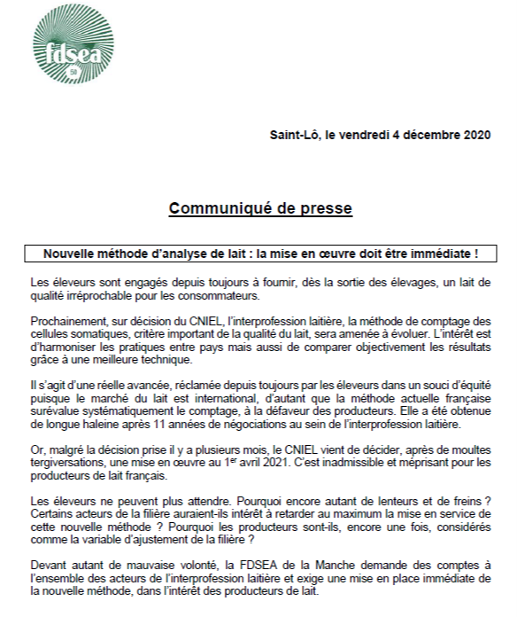 ❗️COMPTAGES CELLULAIRES SURESTIMES. La Manche réagit. Le Cniel a annoncé l'adoption du nouvel étalon des appareils de comptage des cellules le 1er avril 2021. La <a href="/FDSEA50/">FDSEA Manche 50</a> "exige une mise en place immédiate"
Lire ou relire aussi notre exclusivité : bit.ly/3qBbqvK