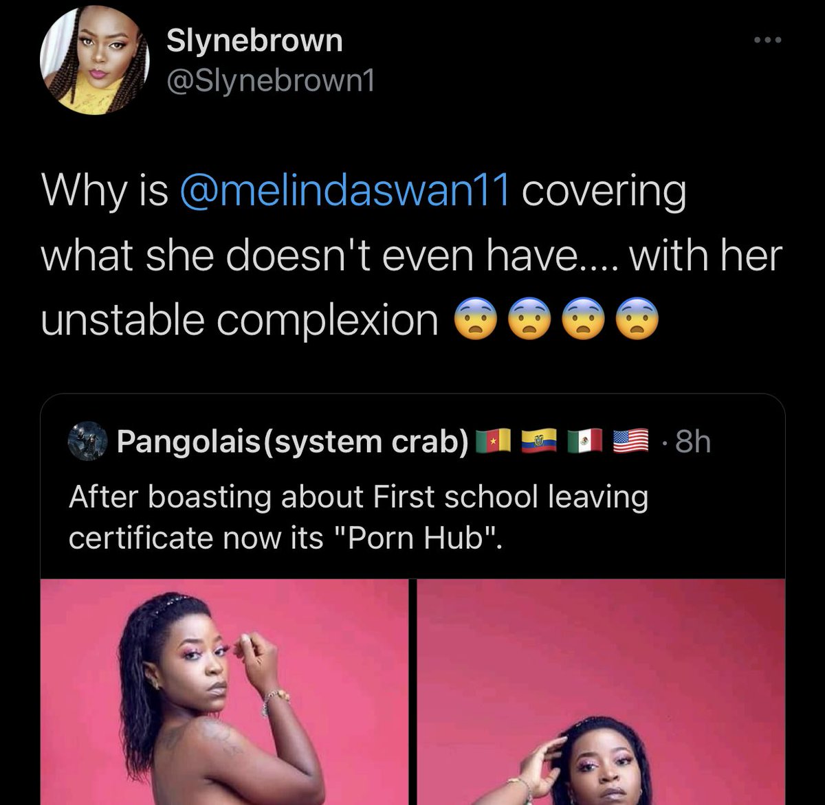 Away from French Twitter and back to our base. So  @melindaswan11 came out to promote her new single  #DemSayAs expected, tweeps went on a dragging contest. But  @Slynebrown1 wasn’t too lucky as her luck hit rock bottom. Follow screenshots to understand how things played. 
