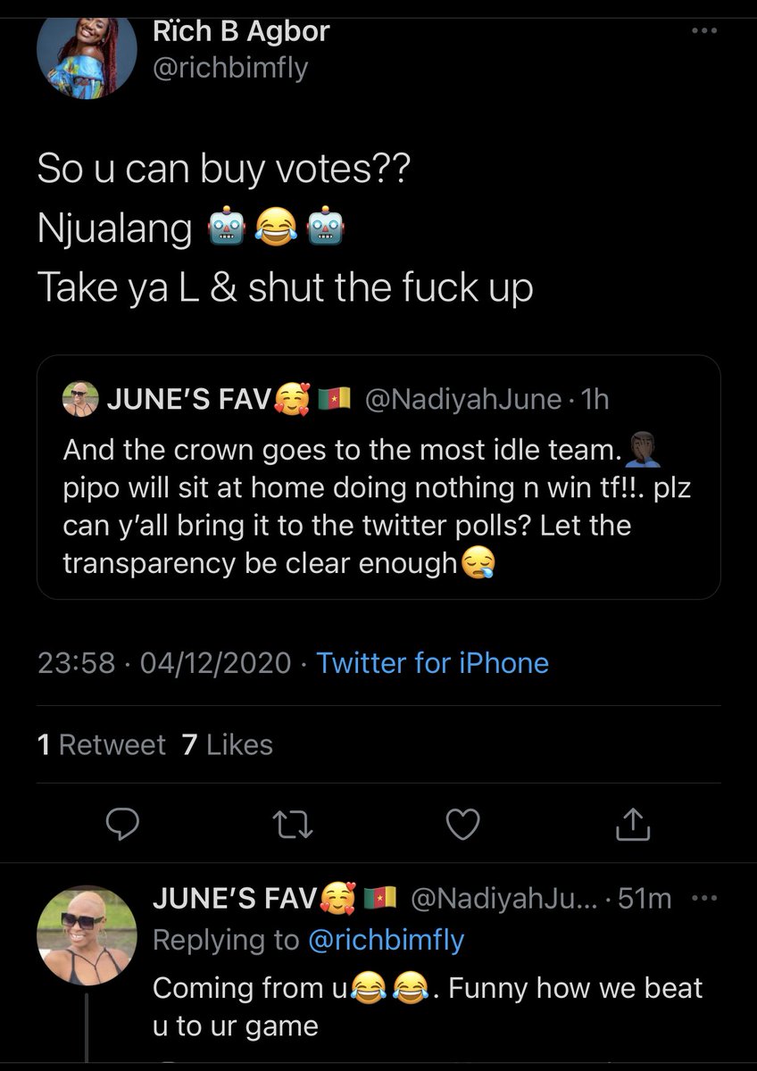  @bangwa_boy of  #RareVirgins the crown is theirs while  @NadiyahJune believes Twitter polls will prevent the most idle team from winning.  @richbimfly fires back & advices her to take her L & S the F up.  Read below for more violence.  #237Recap 