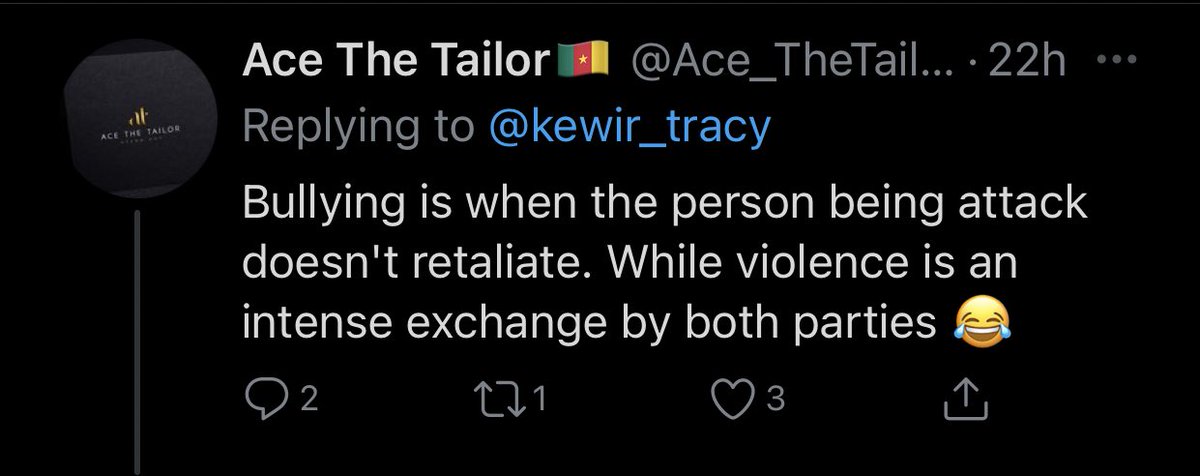 Violence is one thing that never leaves this App. But what is the difference between Cyber Bullying & Violence?  @kewir_tracy asked. @komfanny says bullying is when violence doesn’t favour you.  @Ace_TheTailor says bullying doesn’t entail retaliation while violence is war!