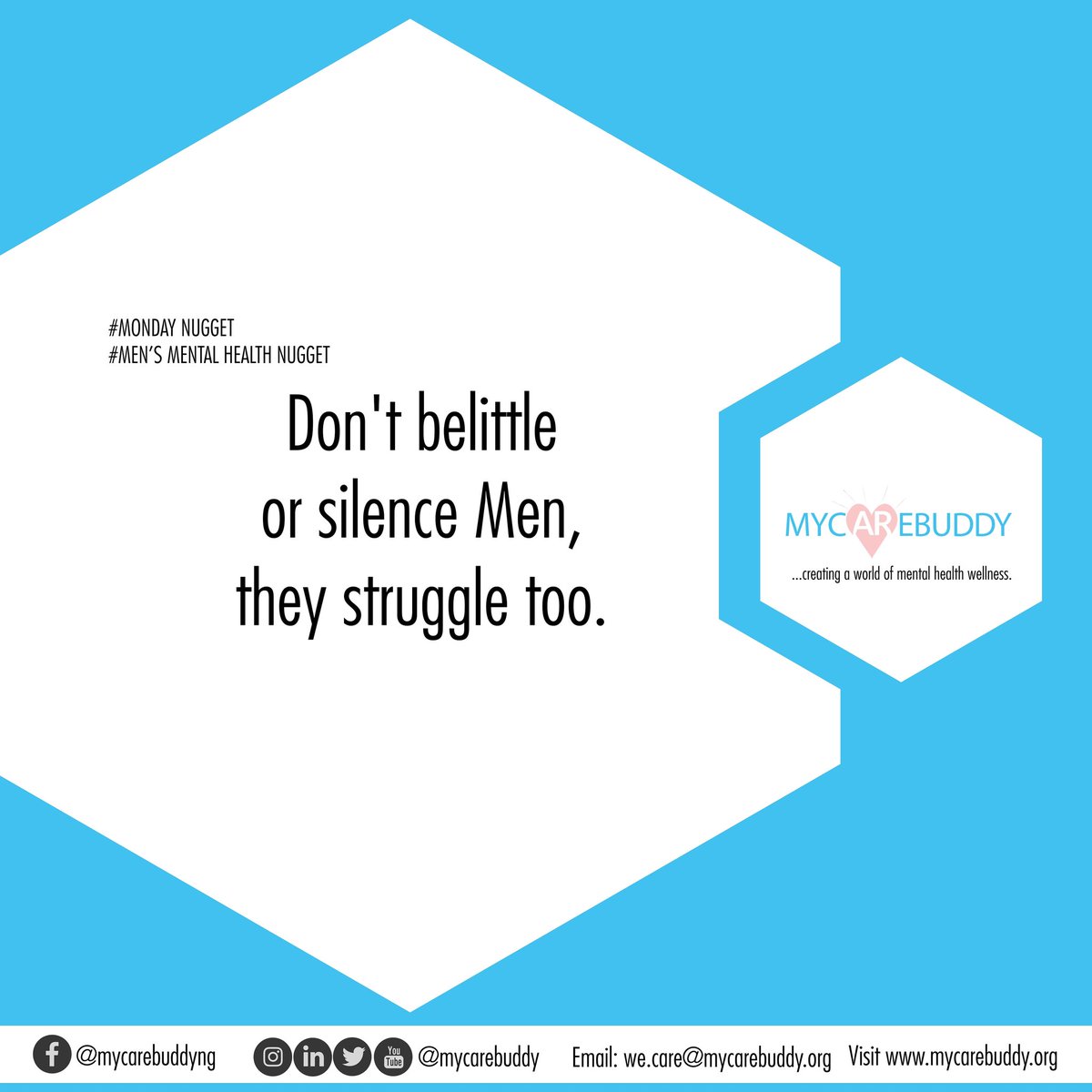 mycarebuddy's tweet photo. Men should be allowed to self-express. They have emotions too, don't expect them to live like they don't.

After all, living is for the men as much as it for the women 😊

Mycarebuddy cares

https://t.co/e7hE8bVxBq

#mentalhealth #iRant #talktherapy #mcbcares https://t.co/YswwYj823q