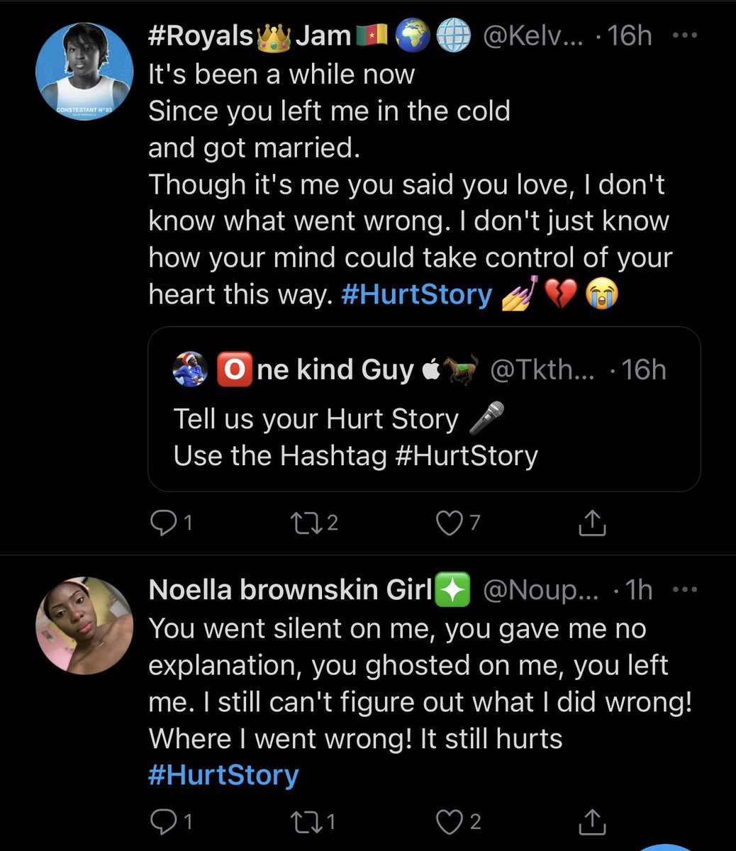 Have you shared your own  #HurtStory yet? Or you don’t have the courage to? Read some of the stories from  @PabloEcobar13  @stronggirllolla  @KelvinJam1  @NoupebN  @gentlebobo_  @Jungleheart_  @Ghislaintweets Follow the hashtag and read more it’s bye from my end.  @Li_Dady #237Recap 