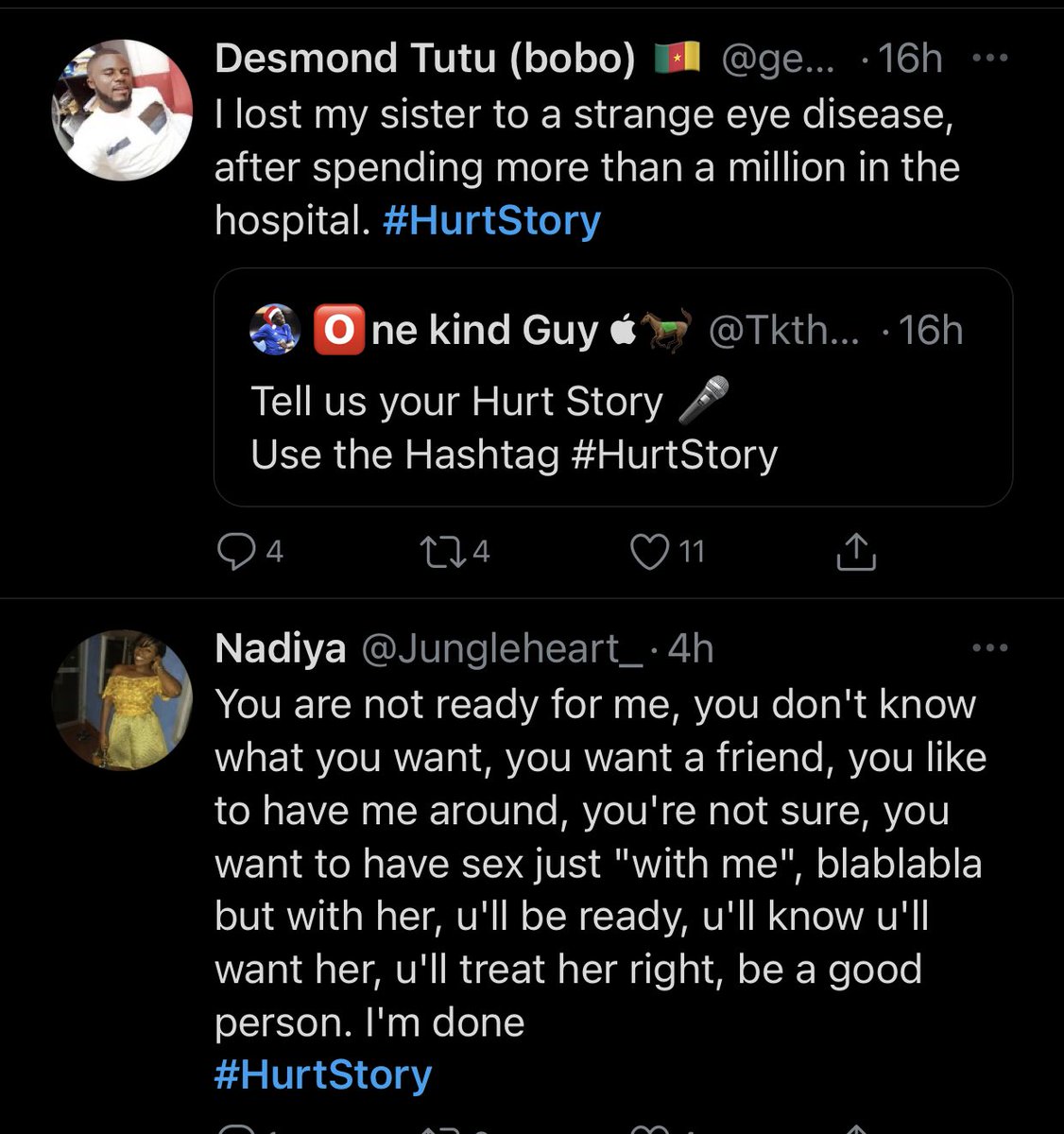 Have you shared your own  #HurtStory yet? Or you don’t have the courage to? Read some of the stories from  @PabloEcobar13  @stronggirllolla  @KelvinJam1  @NoupebN  @gentlebobo_  @Jungleheart_  @Ghislaintweets Follow the hashtag and read more it’s bye from my end.  @Li_Dady #237Recap 