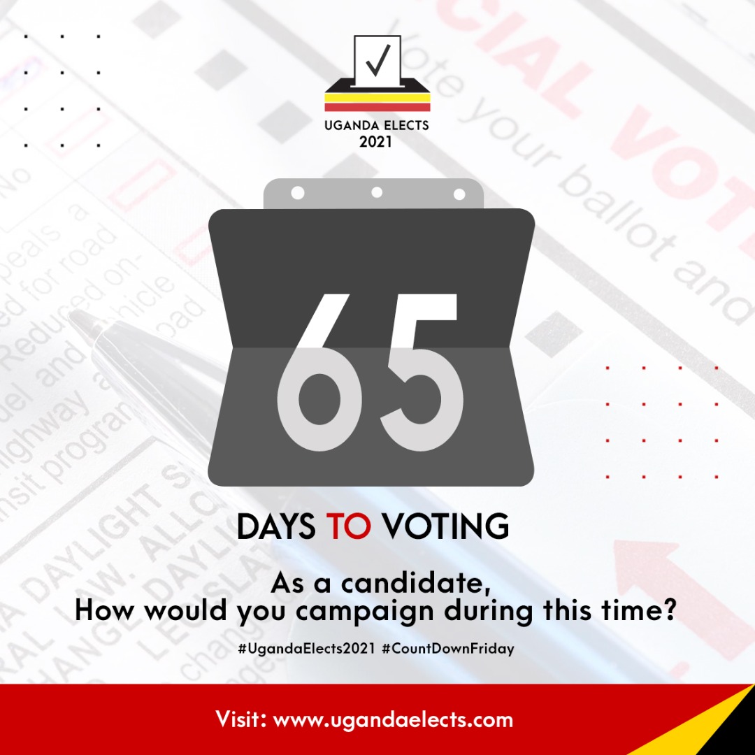 UgandaElects's tweet photo. Looks like a long time but it's really not. If you were a candidate, what boxes would you want to tick in the remaining time? #UgandaElects2021 https://t.co/ynxu6tZRzu