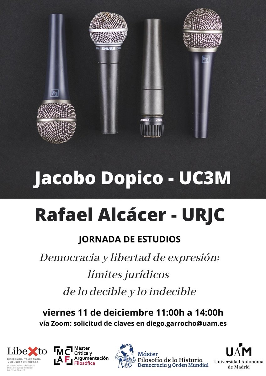 El próximo 11 de diciembre a las 11:00h @JUc3m y Rafael Alcácer conducirán una jornada de estudios sobre los límites jurídicos de lo decible y lo indecible. Organizamos desde Libextoesta actividad junto con <a href="/masterencritica/">MCAF</a> y <a href="/masterfilosofia/">Máster en Filosofía</a>. Entrada libre 👇