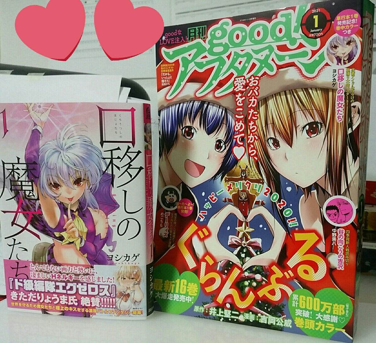 goodアフタヌーン1月号に『口移しの魔女たち』6話が載っております!
恐らく最もアホな話です。アイドルがカブトムシを採ります。
作画の途中でセンターカラーが頂けると聞いて冒頭のネーム修正(水着にしたい!)を担当に懇願した意欲作ですので観て下さい。
表紙裏の1巻広告も併せて是非!
