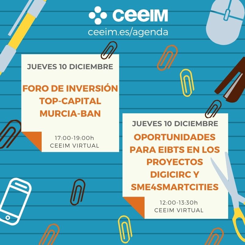 CeeiMurcia's tweet photo. #AgendaCEEIM 🔵⚫ No, el puente tampoco nos detiene. Una semana más llega nuestra agenda con dos eventos muy interesantes
📌Nueva edición del foro #TOPCAPITAL @Murciaban 
📌 Oportunidades para EIBTS en los proyectos europeos @circ_digi y @SME4SMARTCITIES 

https://t.co/z9w7W4YPFR https://t.co/byquFX3FT8