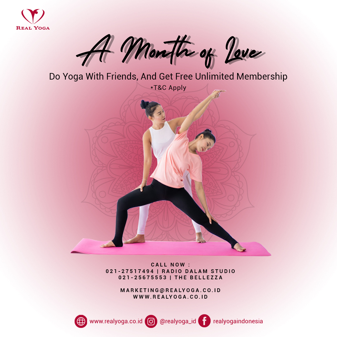 RealYoga_ID's tweet photo. A Month of Love!

Doing yoga with friends can make the process more enjoyable. You're more likely to stick to it, and you get to spend some time with someone you like.

For more details contact us at 021-27517494 (Radio Dalam Studio) and 021-25675553 (The Bellezza Studio) https://t.co/pOtm7YXqXZ