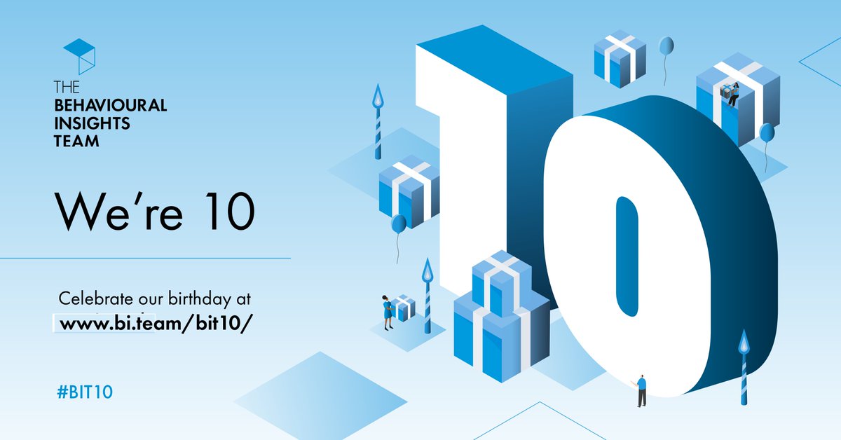 B_I_Team's tweet photo. It’s our birthday! 🎉🎉🎉  

Come celebrate 10 years of behavioural insights with us at https://t.co/LoWzFEX3fV  #BIT10 https://t.co/zcEfDfBzLe