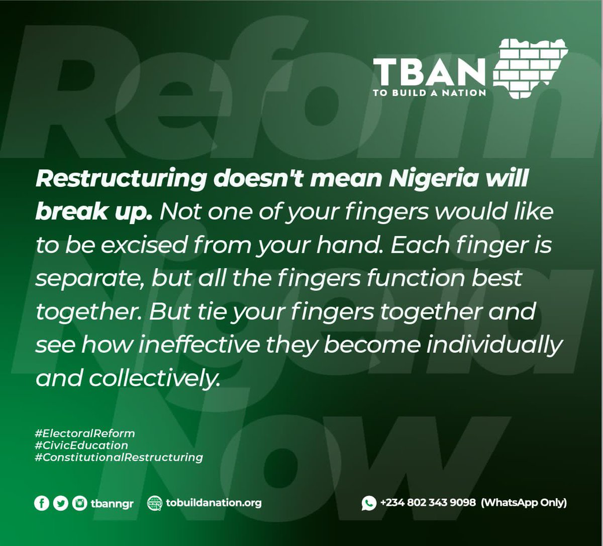 EmmaOhadomere's tweet photo. To Build A Nation (TBAN) @TBANNGR is a Nigerian nonpartisan citizens movement advocating for structural, electoral, & political reform and providing civic education to Nigerians. Join us.
#ElectoralReform #RestructureNigeria #JoinTBAN #ConstitutionalRestructuring #ToBuildANation https://t.co/Eq4xQbQ7XS