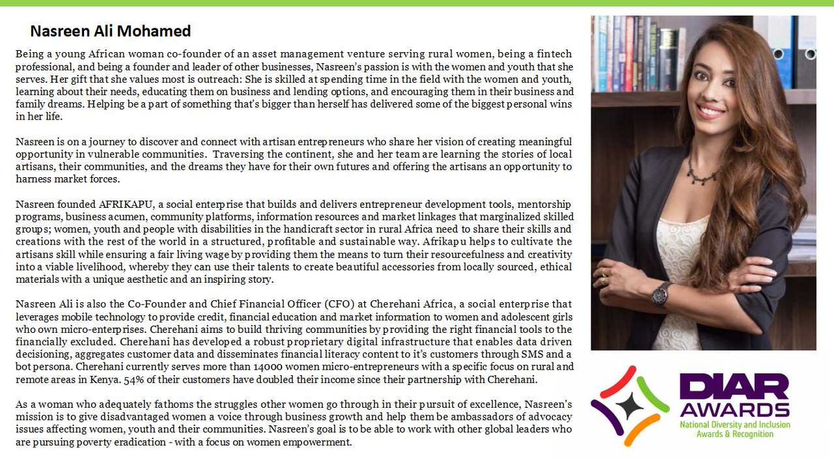 Being a young African woman co-founder of an asset management venture serving rural women, being a fintech professional, and being a founder and leader of other businesses, <a href="/nasreenaleey/">Nasreen Aleey</a>’s passion is with the women and youth that she serves.  #YouthinLeadership
