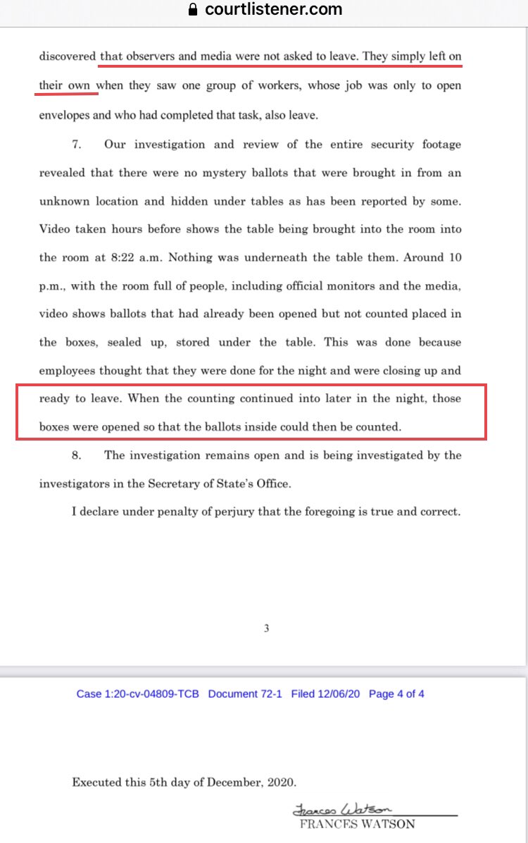 BREAKING:  @GaSecofState’s office admits in a new court filing that counting did in fact continue in Fulton County late at night after monitors and media left (SoS claims no one told them to leave. Okz But votes were still counted without monitors).  https://www.courtlistener.com/recap/gov.uscourts.gand.284055/gov.uscourts.gand.284055.72.1.pdf