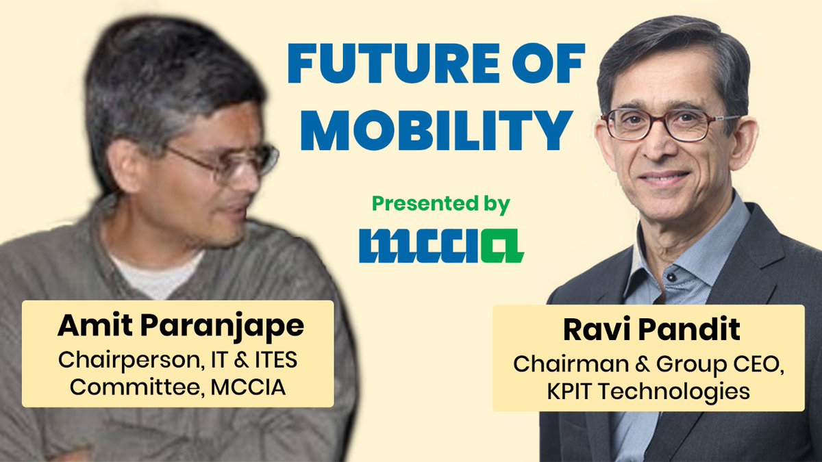 MCCIA_Pune's tweet photo. Just released!
2nd episode from the MCCIA series "Future of Mobility"!

Mr. Amit Paranjape, Chairperson, IT &amp; ITES Committee, MCCIA, in conversation with Ravi Pandit, Co-founder, Chairman, and Group CEO, KPIT Technologies

Watch now at https://t.co/unOGZXXX3W

@aparanjape https://t.co/fA13ZzouPW