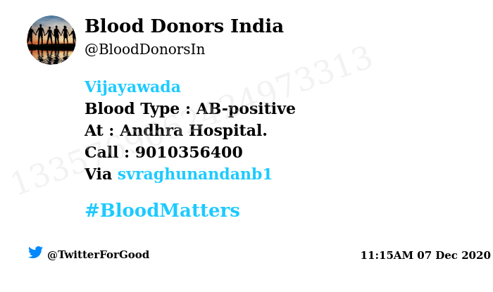 #Vijayawada
Need #Blood Type :  AB-positive
At : Andhra Hospital. 
Blood Component : Blood
Number of Units : 2
Primary Number : 9010356400
Secondary Number : 9652760637
Via: <a href="/svraghunandanb1/">svraghunandanblr (Modi Ka Parivar)</a>
#BloodMatters
Powered by Twitter