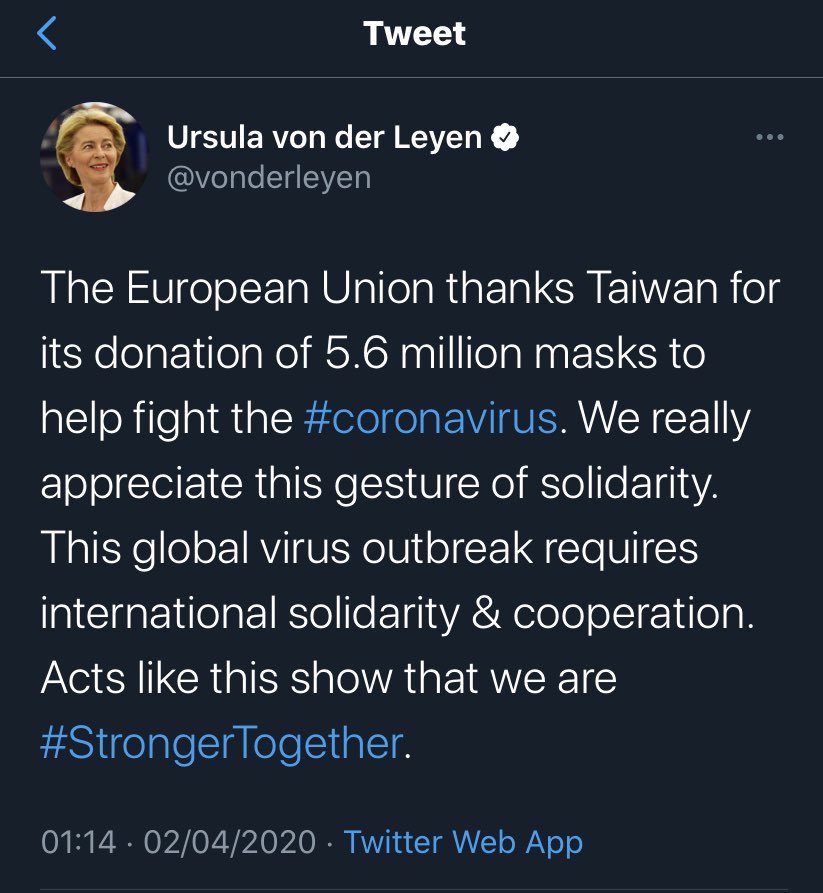 In her tweet this April President of  @EU_Commission  @vonderleyen thanked  #Taiwan for its gesture of solidarity, stressing we are  #StrongerTogether  (makes total sense for like-minded partners, may I add)
