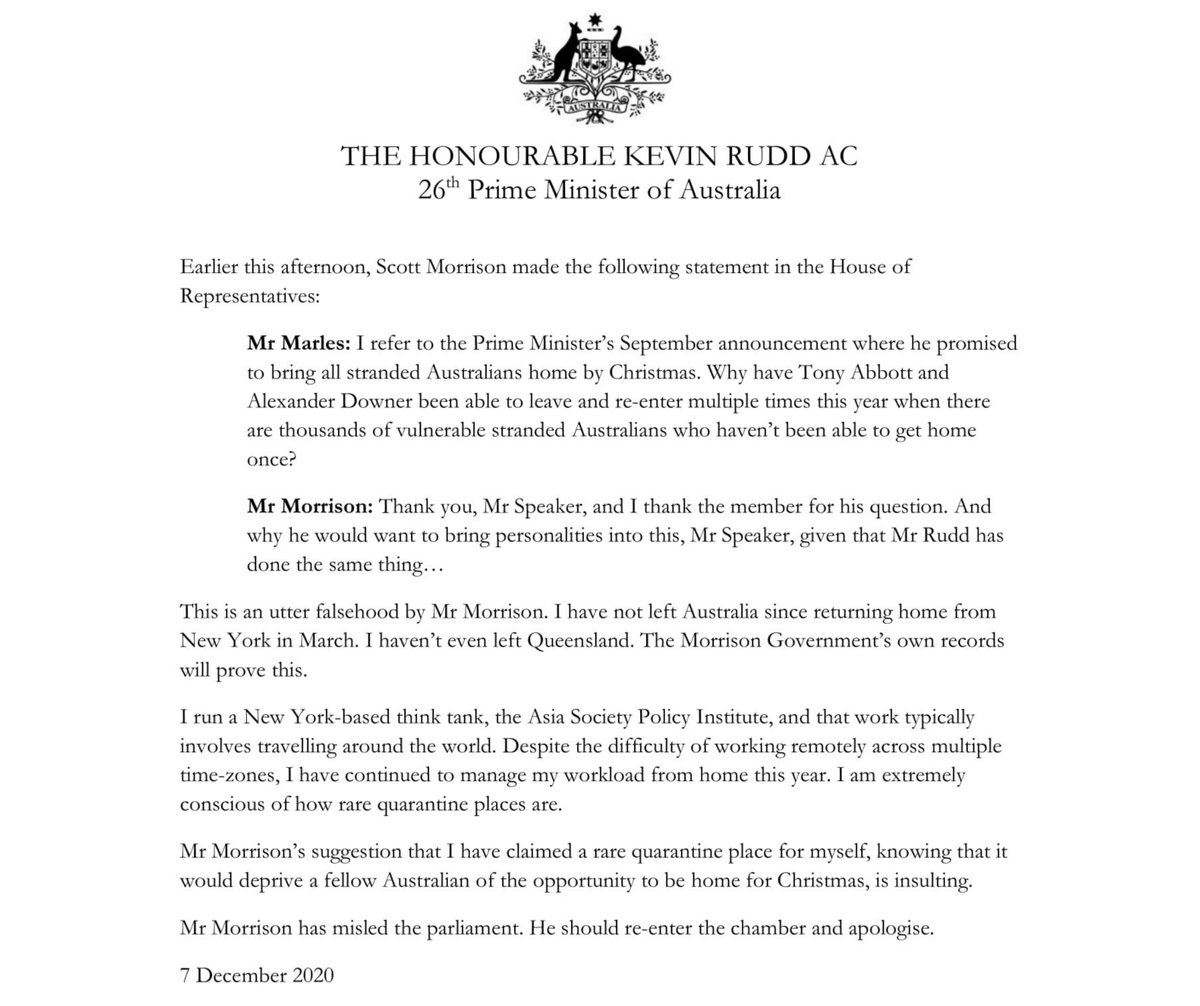 MrKRudd's tweet photo. Morrison claimed in the parliament today that I have obtained exemptions to travel in and out of Australia, taking quarantine places from other Australians. That is an utter falsehood. I haven't left Queensland since March. Morrison has misled the parliament &amp; he should apologise https://t.co/O7x6l3Q3qq