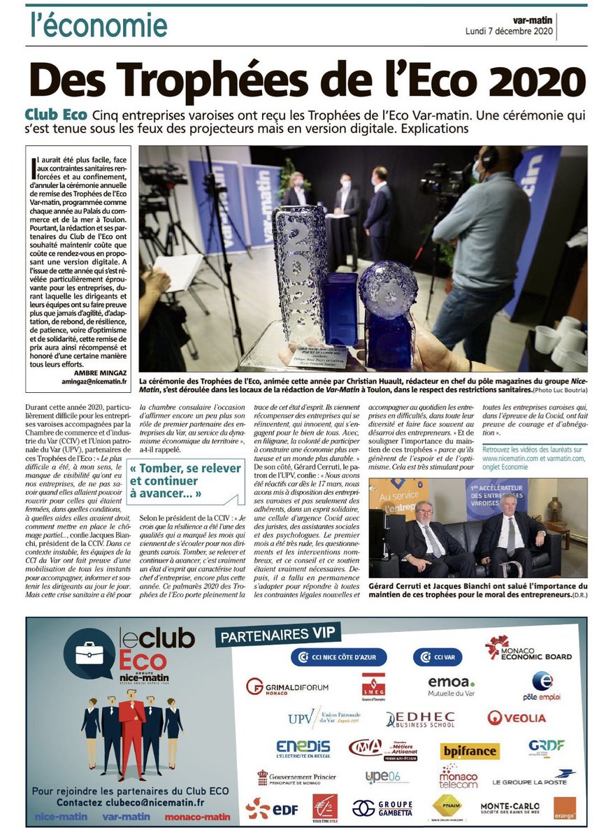 Balazuc2's tweet photo. #Trophéesdeleco #varmatin
Version numérique 2020.
#UPV partenaire
« Des trophées qui génèrent de l’espoir et de l’optimisme » selon #gerardcerruti  pdt de l’UPV. https://t.co/J9WSIMvgEz