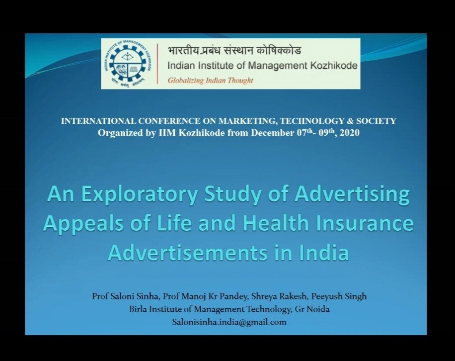 mkpandey67's tweet photo. Colleague & co-author Prof @SaloniSinha29 today presented the the research paper ( work in progress) in the on going marketing conference #ICMTS-04 at @IIMKozhikode. #Insurance #advertising #AdAppeals @BIMTECHNoida @directorBIMTECH #PeeyushSingh #shreyarakesh https://t.co/Nqhud3q1Os