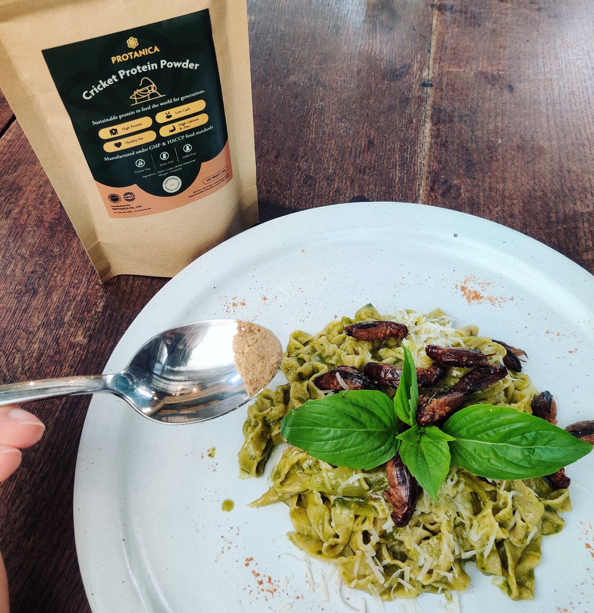 protanica's tweet photo. Fresh Homemade Cricket Pasta with pesto sauce @insectsinthebackyard and  a sprinkle of Protanica cricket powder to double the protein load.

Protanica cricket powder, a super food ingredient you can add to any dish.

Let's join the journey to change the world.
#protanica https://t.co/1fyNE7jzFP