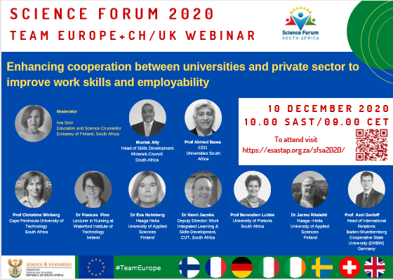 Excited to hear from our Finnish experts <a href="/HAAGAHELIAamk/">Haaga-Helia AMK</a> presenting at <a href="/ScienceForumSA/">SFSA</a> and our very own Education and Science Counsellor <a href="/MamaSoiri/">MamaSoiri</a> as moderator on the 10th of Dec
#TeamEurope #FinlandinSA #ImprovingEmployability
To attend visit 
esastap.org.za/sfsa2020/