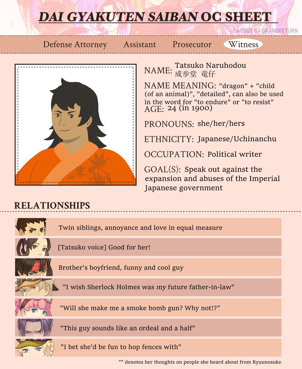 dgs, ocs // dgs oc character sheet for Tatsuko is DONE I'm so glad I did this, I gotta figure out how to integrate her into more dgs stuff bc I really like her (original template here: x.com/grandreturn/st… )
#daigyakutensaiban #dgsoc