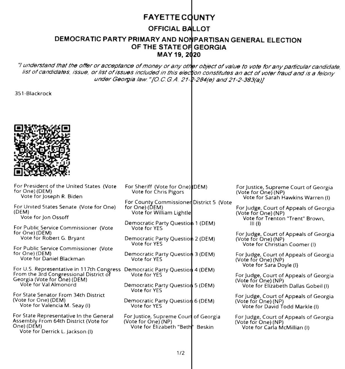 1/ I get questions frequently from people who have heard the SOS say that the BMD QR code ballots can be audited to tell who won. I'll explain why he is wrong.Your BMD ballot vote is stored in the barcode. The text doesn't count. The computer reads only the QR code.
