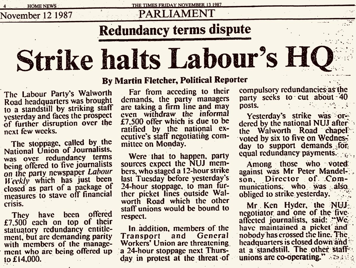 [4/5]And just under two years after Kinnock cried his infamous crocodile tears at Labour’s 1985 Conference, his party sent 40 redundancy notices out to its own workers at Walworth Road.