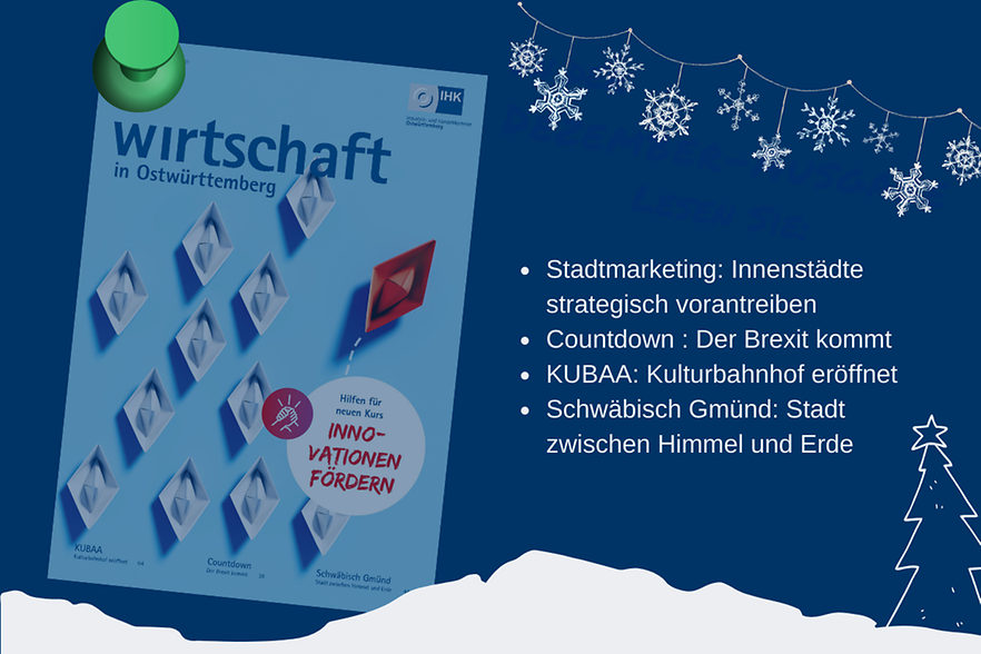 Unsere #Dezember Ausgabe 
#Wirtschaft in #Ostwürttemberg

<a href="/stadt_aalen/">Stadt Aalen</a> wie sagt man? Represent KUBAA...
<a href="/GDgezwitscher/">Schwäbisch Gmünd</a> zwischen Himmel und Erde

und im Titel
#Innovationen fördern 
mit Gastbeitrag von <a href="/RKiesewetter/">Roderich Kiesewetter🇪🇺🇩🇪🇮🇱🇺🇦</a> Danke

&amp; vieles mehr - online lesen - auf
ostwuerttemberg.ihk.de