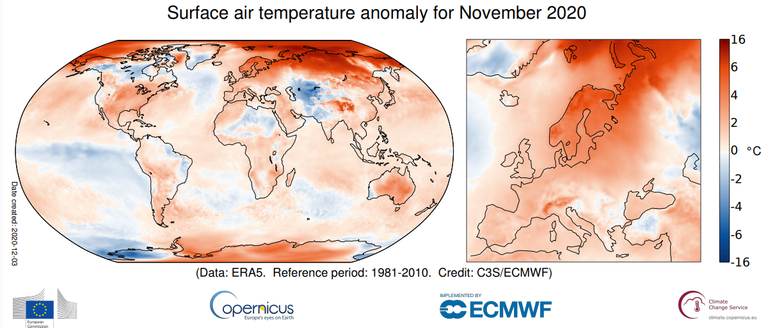 CopernicusEU's tweet photo. 🌡️November #temperature highlights from @CopernicusECMWF #C3S are here:
 
🌍Globally, it was the warmest November on record. 
🇪🇺In Europe, it was just 0.2° lower than the second warmest which was in 2015.
 
Read the analysis👉https://t.co/9BcxXDOLkZ https://t.co/3sNrYIrN0S