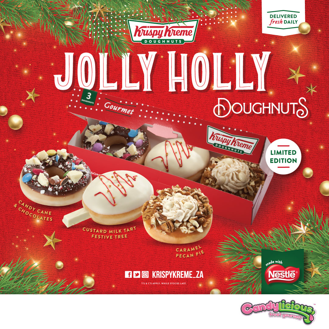 CandyliciousSA's tweet photo. 🌲 'Tis The Season To Be Jolly
with Custard Milk Tart Festive Tree,
Jolly Sprinkles
&amp; Candy Cane &amp; Chocolate doughnuts

Jolly Holly Krispy Kreme doughnuts
are available at Candylicious stores
from 1 - 27 December

#CandyliciousSA
#TreatYourselfSA
#KrispyKremeZA
#Festive https://t.co/A9q6R6NF9v