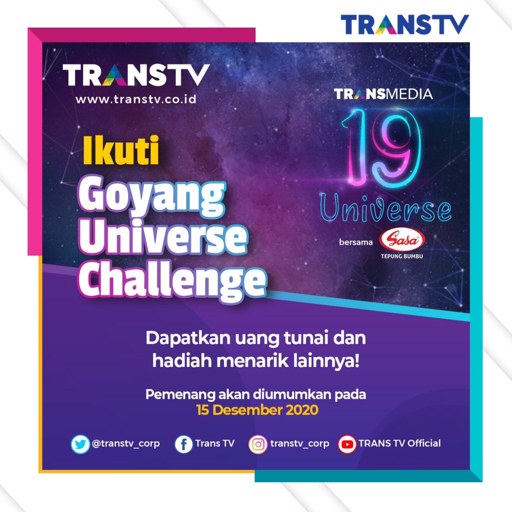 TRANSTV_CORP's tweet photo. Ikuti #GoyangUniverseChallenge menangkan uang tunai dan hadiah menarik lainnya🔥

Caranya dengan mengupload video #GoyangUniverseChallenge di akun TikTok kalian. Tag akun TikTok #TRANSTV 

Untuk info lebih lanjut cek di TikTok #TRANSTV ya😉

#TRANSMEDIAUNIVERSE19 https://t.co/gzh1gWI78H
