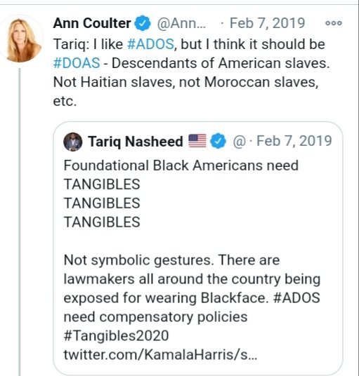 EXAMPLE #3Shared lineage does not equal shared ideology.Tariq Nasheed & FBA are not affiliated with the  #ADOS movement.  #ADOS endured smears as MAGA, Ann Coulter ties, and xenophobia ideology as a result of reckless hashtag & title abuse. #LineageAsClickbait #ADOS