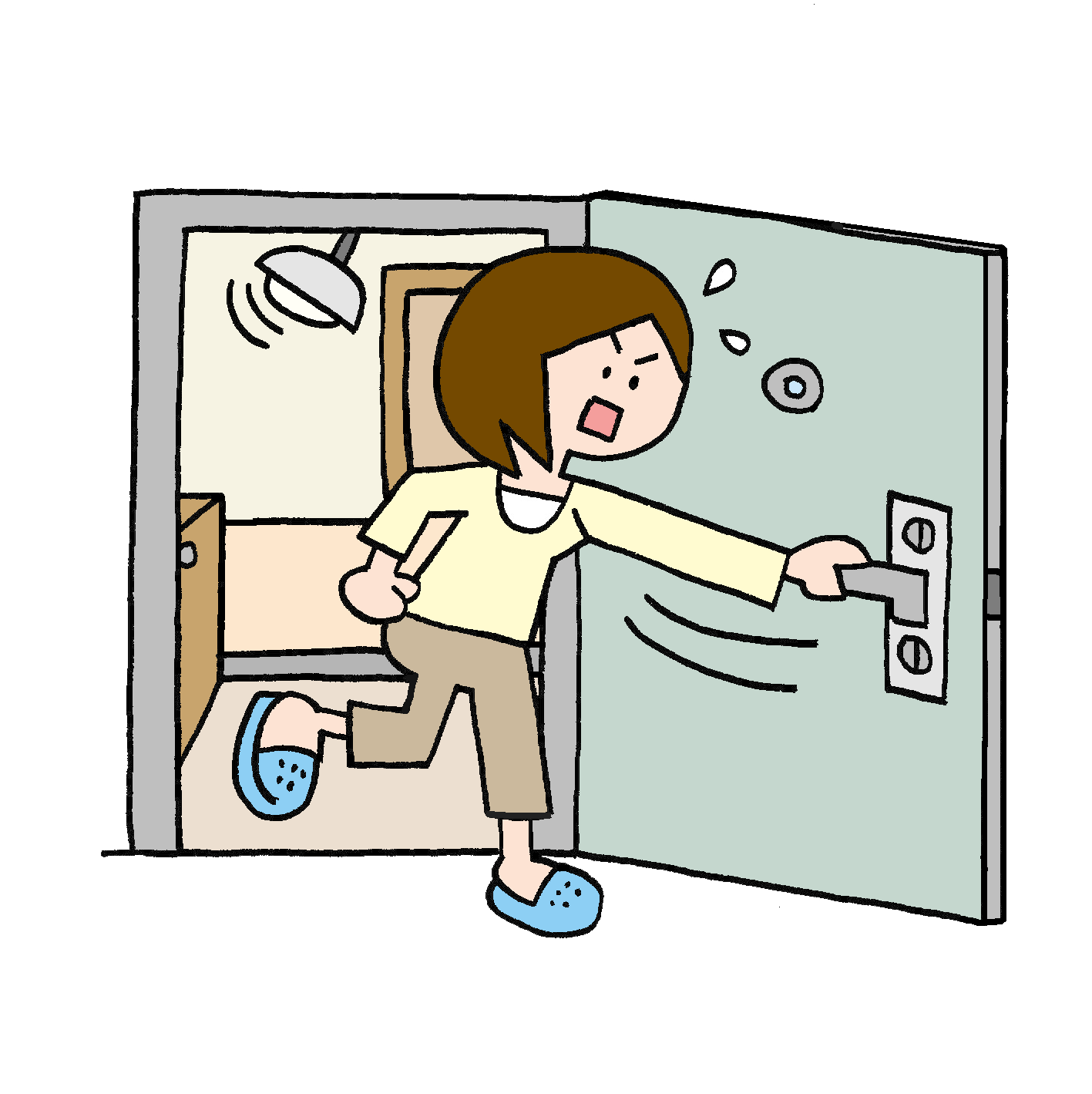 防災無料イラスト 新規 地震の時ドアを開ける人のイラスト T Co Lghoxtccsm 大きな地震のときはとにかく脱出口を確保するためにドアを開けた方が良いと言われます 家が歪んでしまってドアが開かなくなってしまうことがあるからです ちなみに