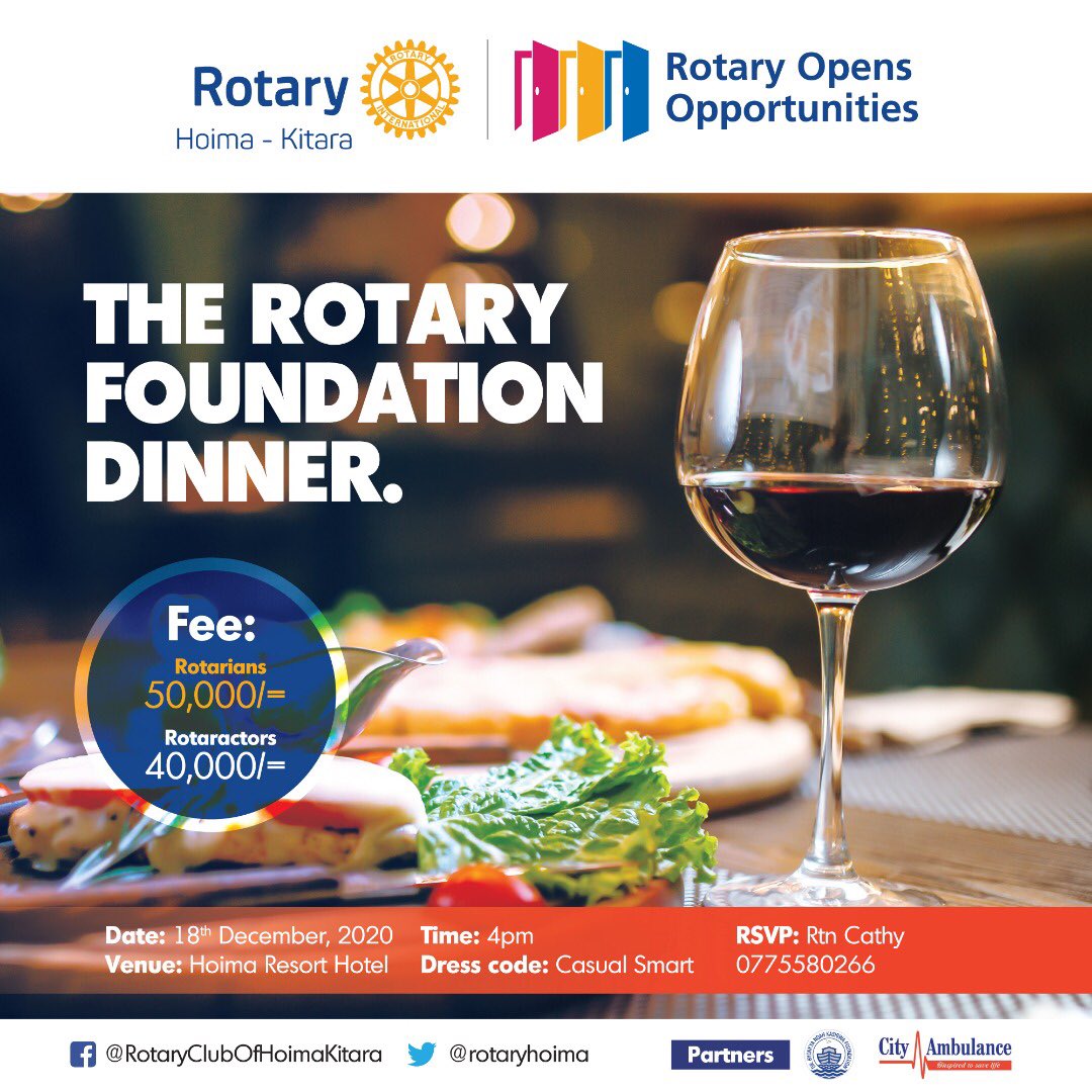 Join us for the Rotary Foundation Dinner <a href="/MuyengaBreeze/">Rotary club of Kampala Muyenga Breeze</a> <a href="/bunyorotourism/">Bunyoro Tourism Board</a> <a href="/Bunyoro_Kitara/">Bunyoro-Kitara Kingdom</a> <a href="/MuyengaSSunset/">Rotary Muyenga Sunday Sunset</a> <a href="/RotaryMasindi/">Rotary Club of Masindi D9213</a>