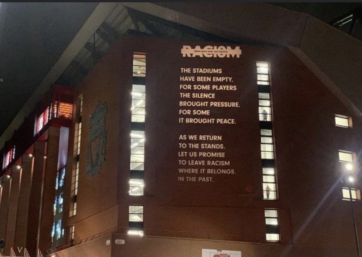 LenaMistry's tweet photo. Love so many things about yesterday match with some of our fans being back and just hearing them sing YNWA was amazing but this picture was also a nice touch and a very powerful message well done Liverpool football club.#fansreturn #noroomforracism #castandcreeddoesntmatter #YNWA https://t.co/QgkLwUVOQs