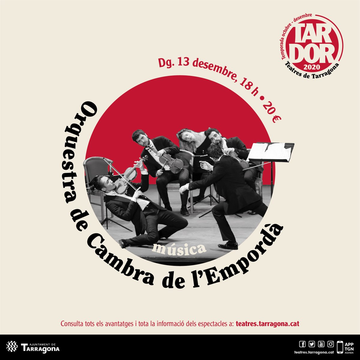 📣 SORTEIG #TeatresTGN 📣 

Voleu guanyar una de les 5 invitacions dobles per a "Concerto a tempo d'umore", amb l'Orquestra de cambra de l’Empordà? #TGNelMillorRegal

Només cal que 👇
✅ Seguiu <a href="/TGNcultura/">Tarragona Cultura</a>
✅ RT aquest tuit abans del 09/12, a les 18 h

ℹ️ ow.ly/mxJC50CEloB