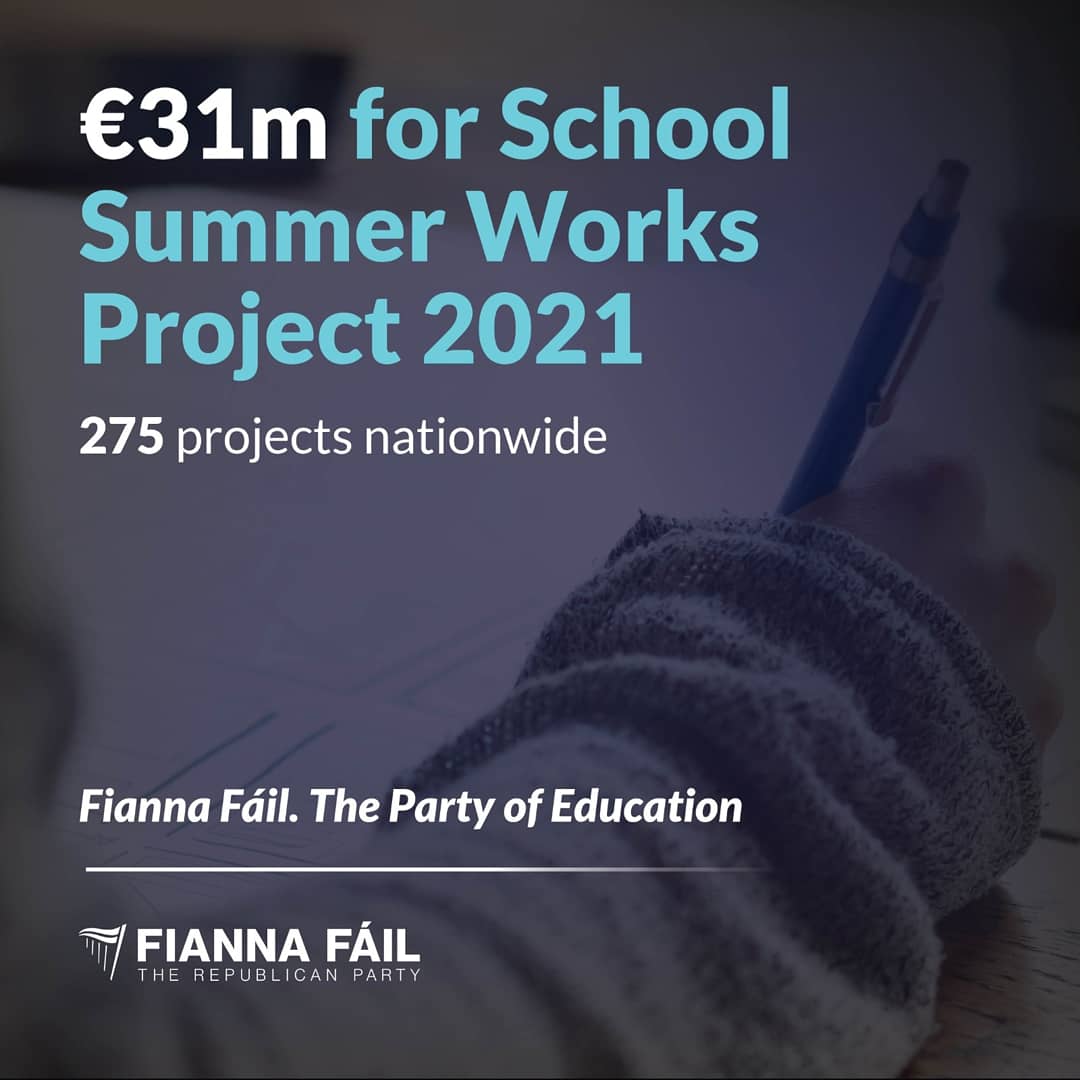 NormaFoleyTD1's tweet photo. This morning, I am confirming funding of €31 million to facilitate the delivery of 275 school projects across the country under the 2021 Summer Works Scheme.

These schools will be notified today to allow them plan ahead for these works to take place in Summer 2021. https://t.co/bRgdzyz3du